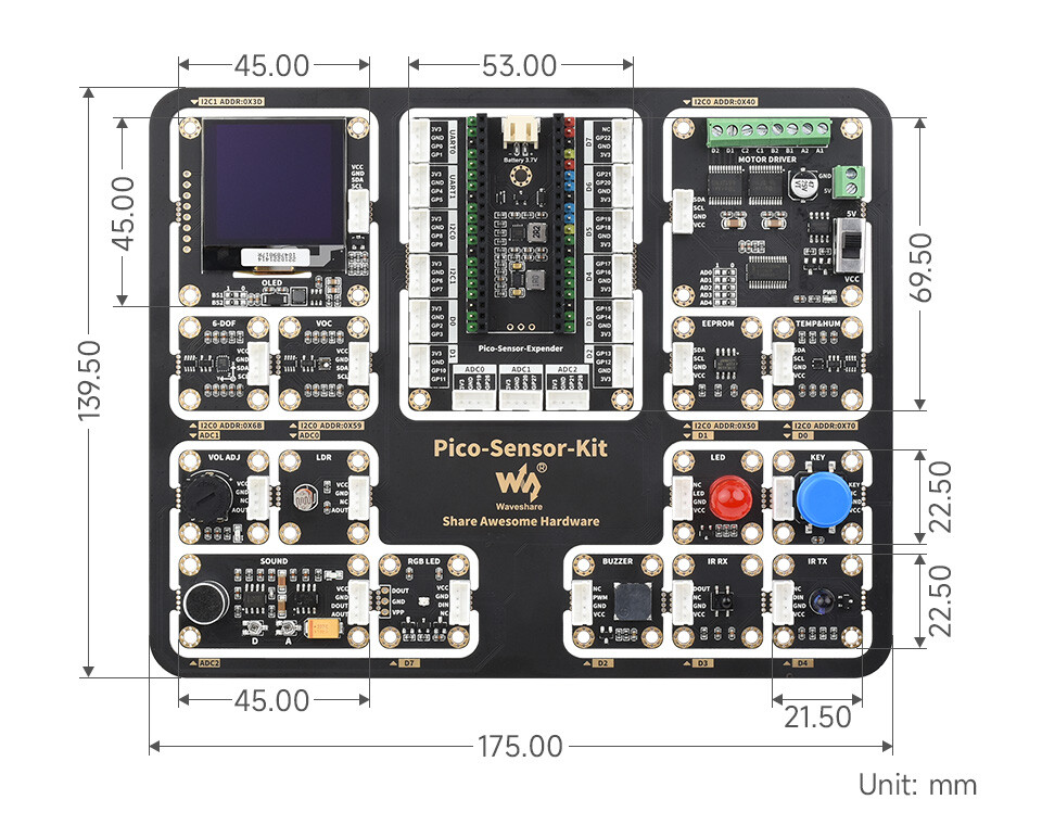 WaveShare Raspberry Pi Pico Starterkit med Pico H inklusive Pico Expansion Board og 15 moduler