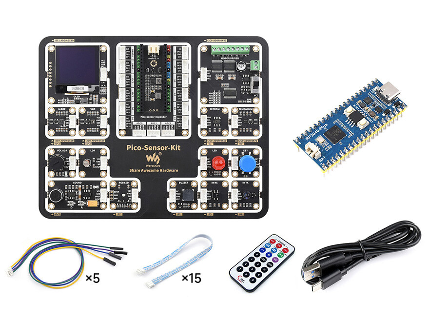 WaveShare Starterkit med Raspberry Pi Pico og RP2040-Plus-M, inklusive Pico Expansion Board og 15 moduler