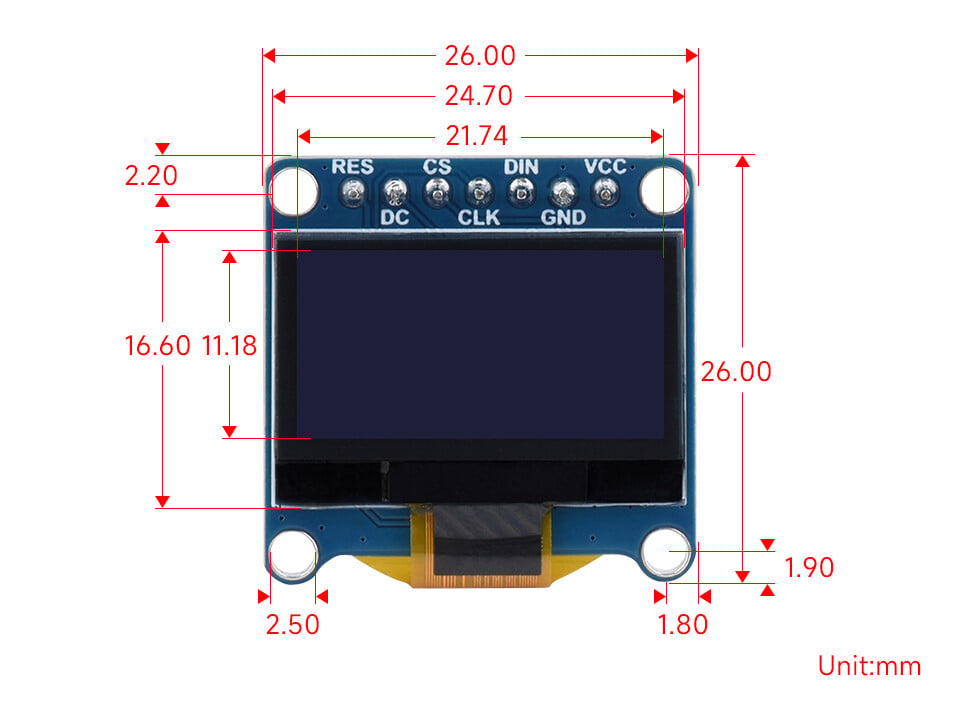 WaveShare 0,96 Zoll OLED-displaymodul Gul/Blå 128x64 SPI I2C