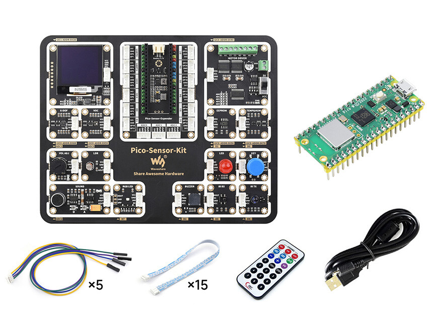 WaveShare Raspberry Pi Pico entry-niveau sensor kit med Pico-W-M inklusive Pico expansion board og 15 moduler
