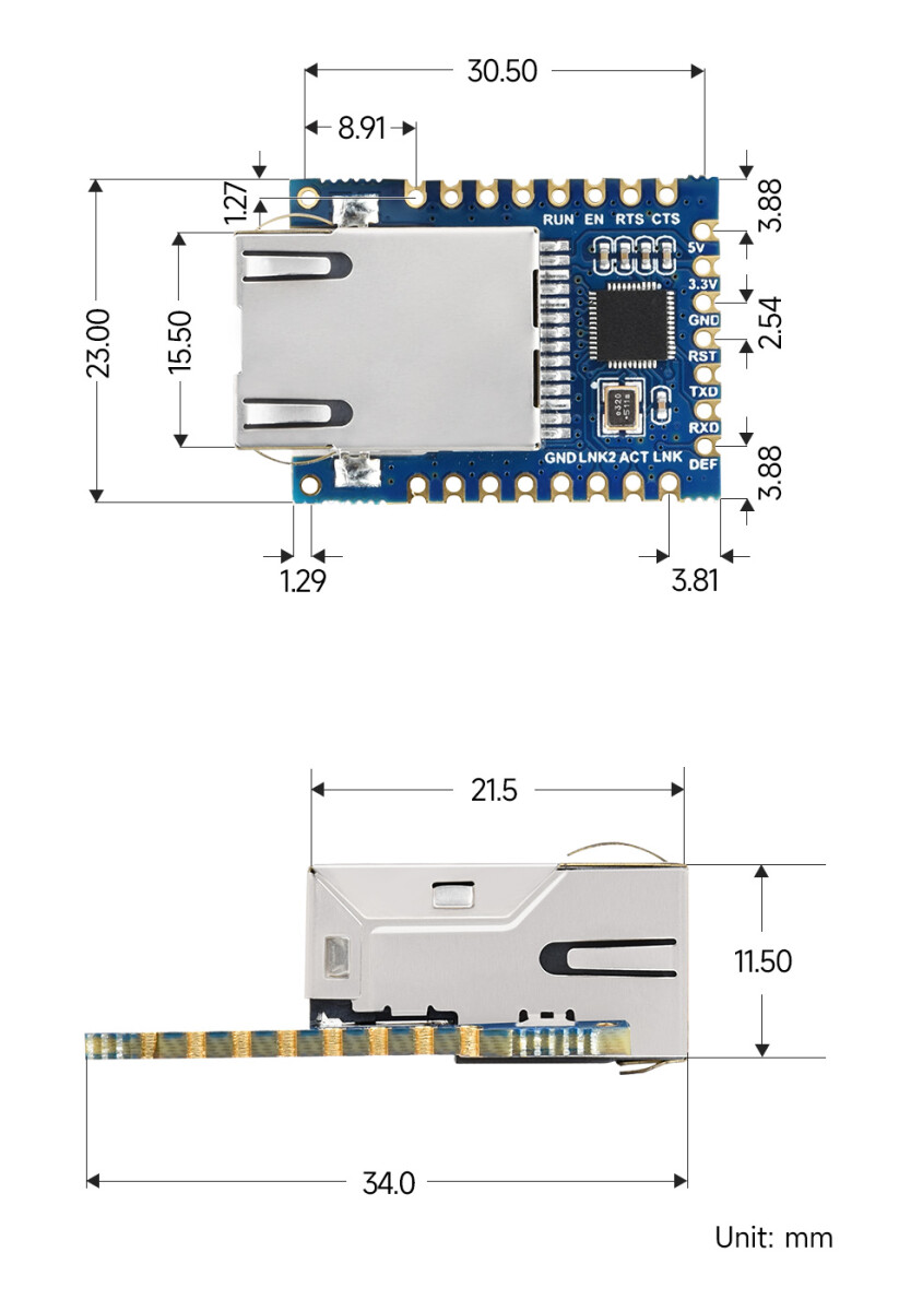 WaveShare TTL UART to Ethernet Mini Modul med gevejrsømhuller Med immersion guld design Høj integreret emballage