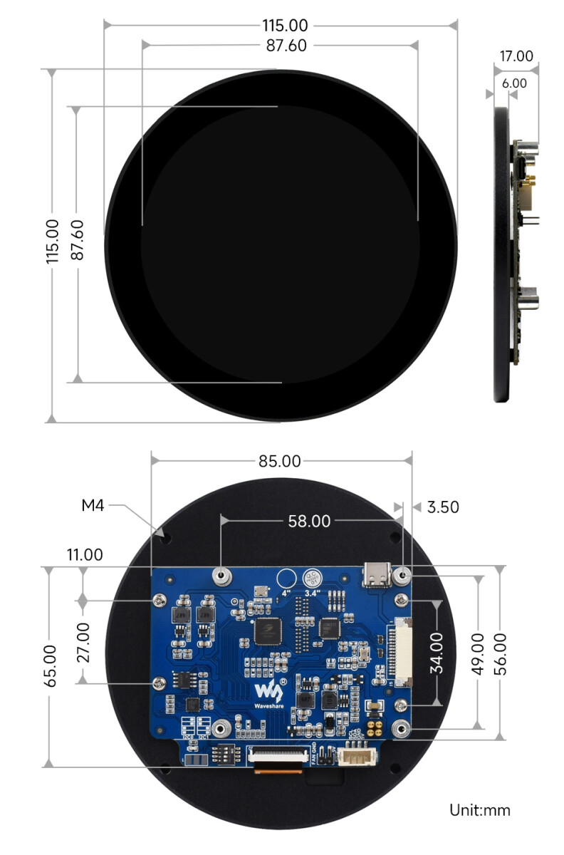 WaveShare 3,4 Zoll DSI Rundt Touch Display 800x800 IPS til Raspberry Pi 10-Punkt Touch