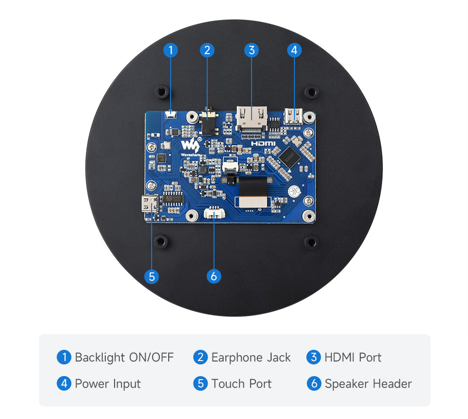WaveShare 5 Zoll rund touch display 1080x1080 IPS 10-punkts optisk bonded toughened glass panel