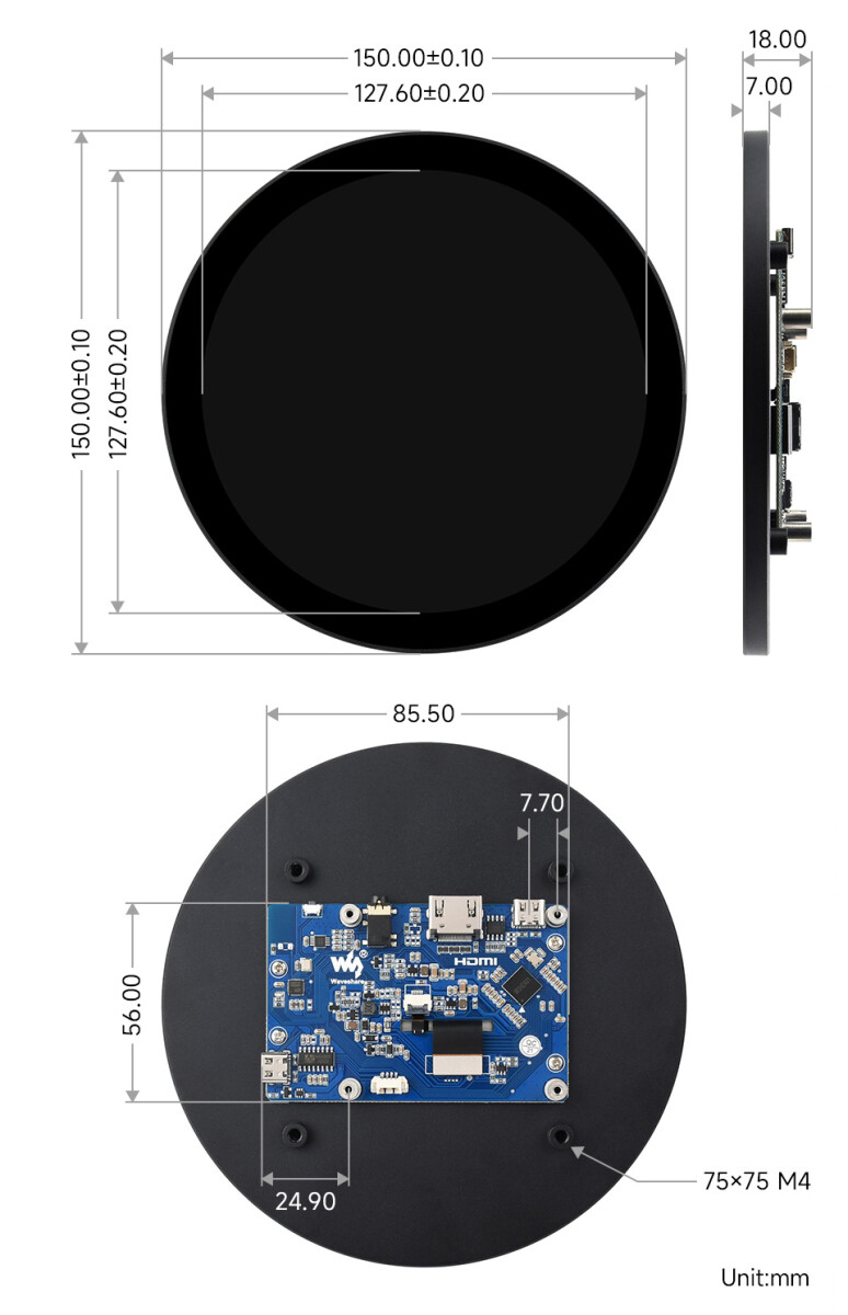 WaveShare 5 Zoll rund touch display 1080x1080 IPS 10-punkts optisk bonded toughened glass panel