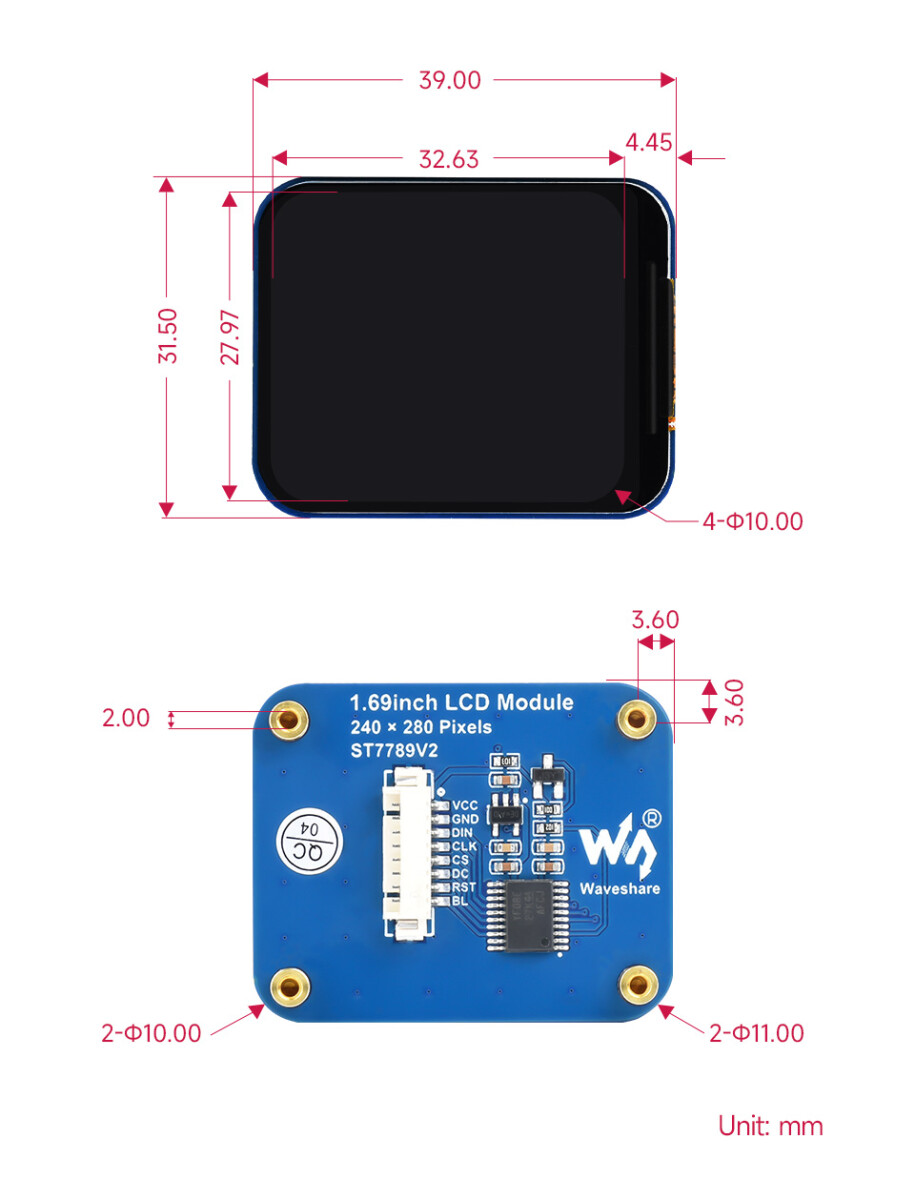 WaveShare 1,69 Zoll LCD-displaymodul 240x280 IPS SPI-interface 262K farver