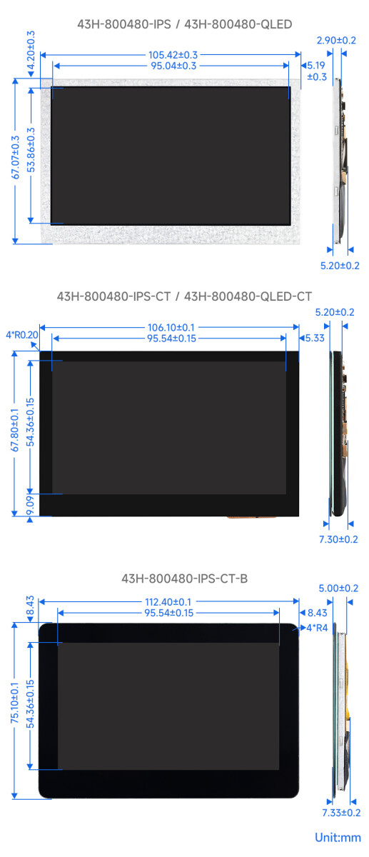 WaveShare 4,3 Zoll DSI Display 800x480 IPS Panel Touch Display med bred ramme