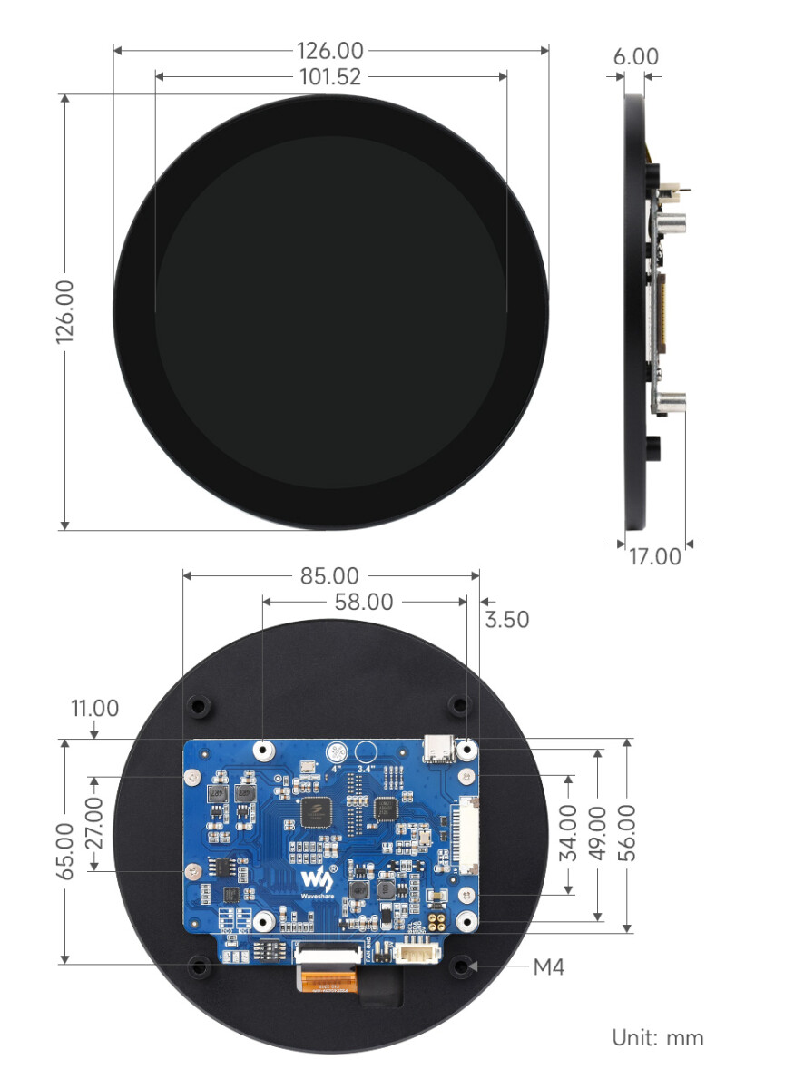 WaveShare 4 Zoll DSI Rund Touch Display 720 x 720 IPS 10-Punkt Touch