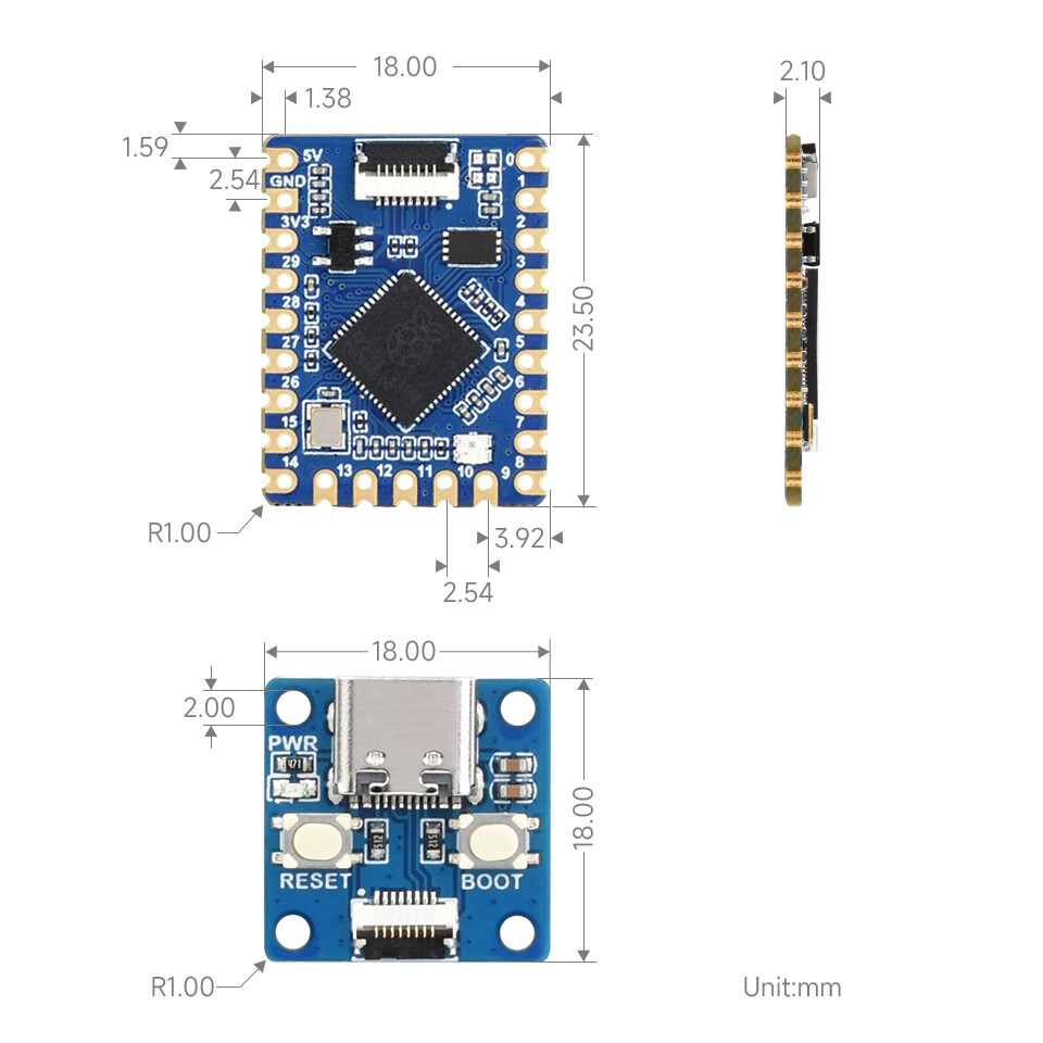 WaveShare RP2040 Tiny Development Board Kit med USB Port Adapter Board FPC Kabel