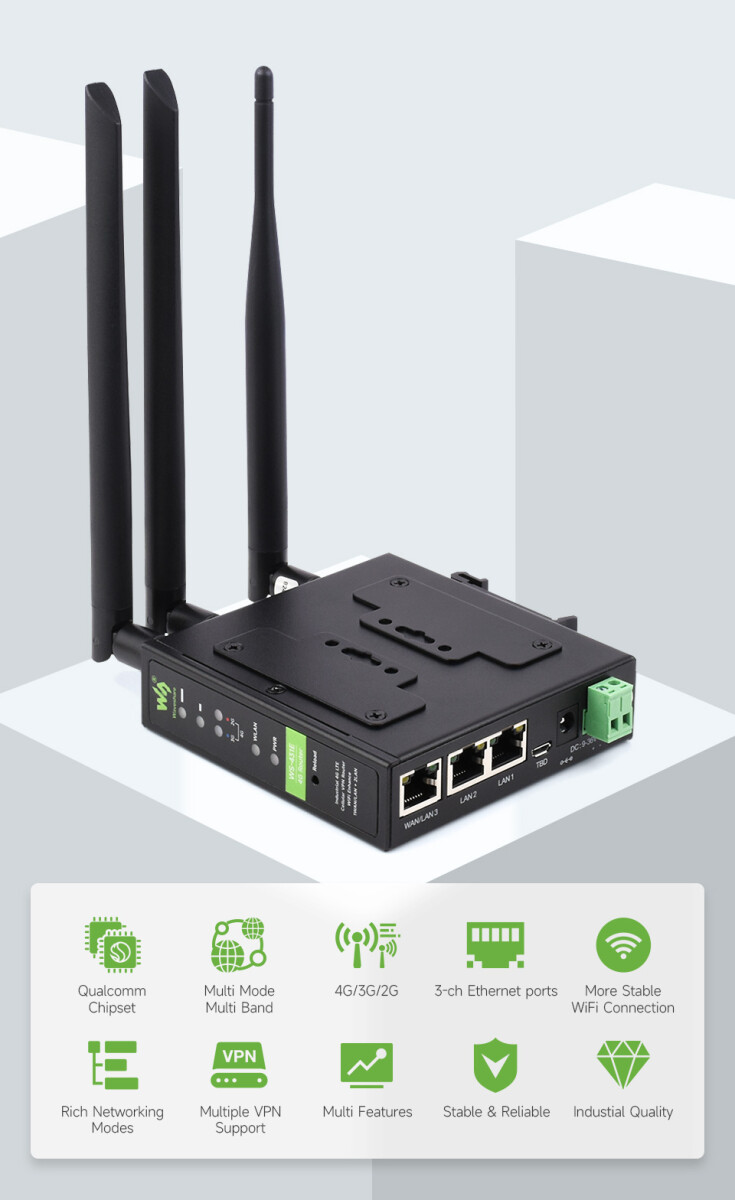 WaveShare Industriemodel 4G LTE Router med 3x Ethernet-porte, flere VPN-protokoller, WIFI – Hurtig internetadgang, Dual Qualcomm-chips