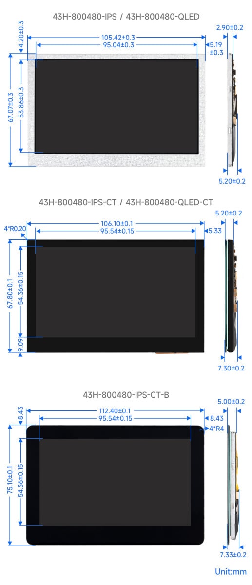 WaveShare 4,3 Zoll DSI-display med 800x480 QLED-panel og touch
