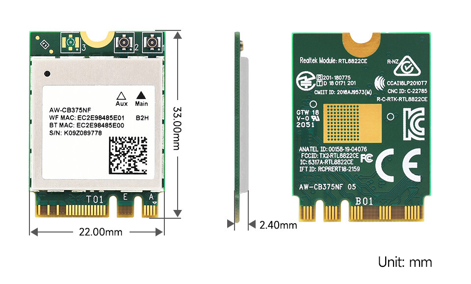 WaveShare AW-CB375NF Dual-Band trådløs NIC 2.4G/5GHz Dual-band WiFi 5, RTL8822CE-CG kerne, BLE Bluetooth 5.0