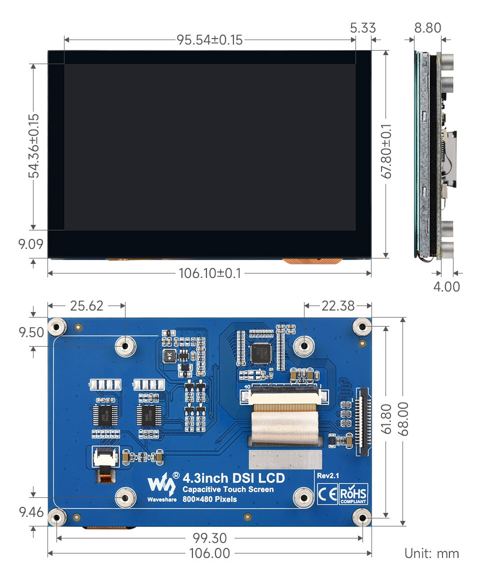 WaveShare 4,3 Zoll QLED-display med DSI-interface, 800x480, integreret struktur, robust glaspanel