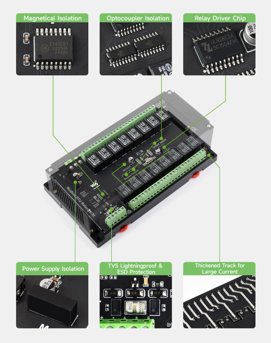 WaveShare Modbus RTU 16CH Relæmodul med RS485-interface og flere isoleringskredsløb