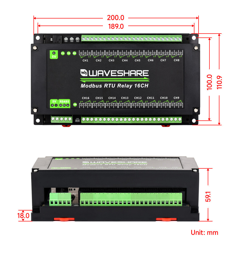 WaveShare Modbus RTU 16CH Relæmodul med RS485-interface og flere isoleringskredsløb