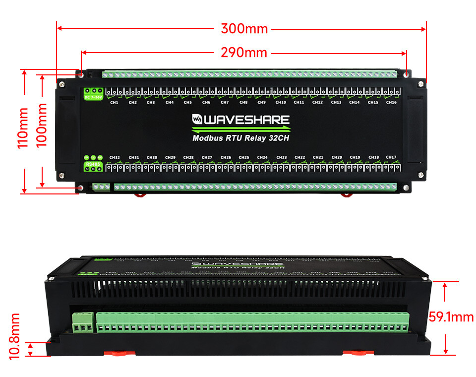 WaveShare Modbus RTU 32CH Relæmodul med RS485-interface og flere isoleringskredsløb