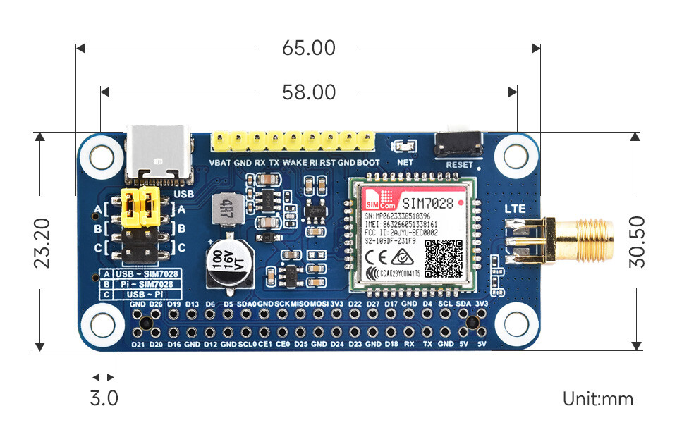 WaveShare SIM7028 NB-IoT HAT til Raspberry Pi, globalt frekvensbånd, NB-IoT kommunikation