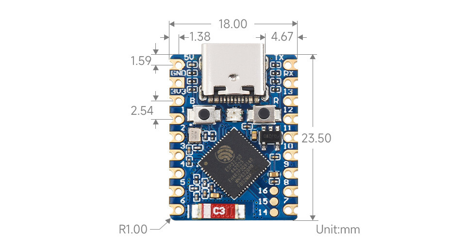 WaveShare ESP32-S3 Mini Udviklingskort Forudsamlet ESP32-S3FH4R2 240 MHz 2,4 GHz Wi-Fi Bluetooth 5
