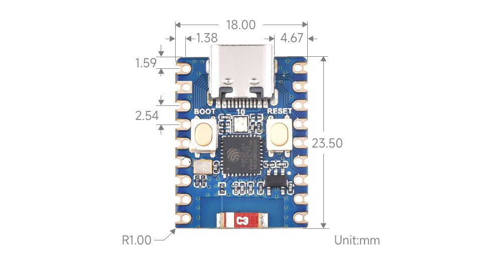 WaveShare ESP32-C3 Mini Udviklingskort Forudsamlet ESP32-C3FN4 160MHz 2.4GHz Wi-Fi Bluetooth 5
