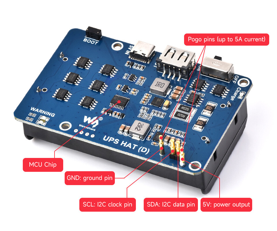 WaveShare UPS HAT (D) til Raspberry Pi, 5V Pogo Pins Connector