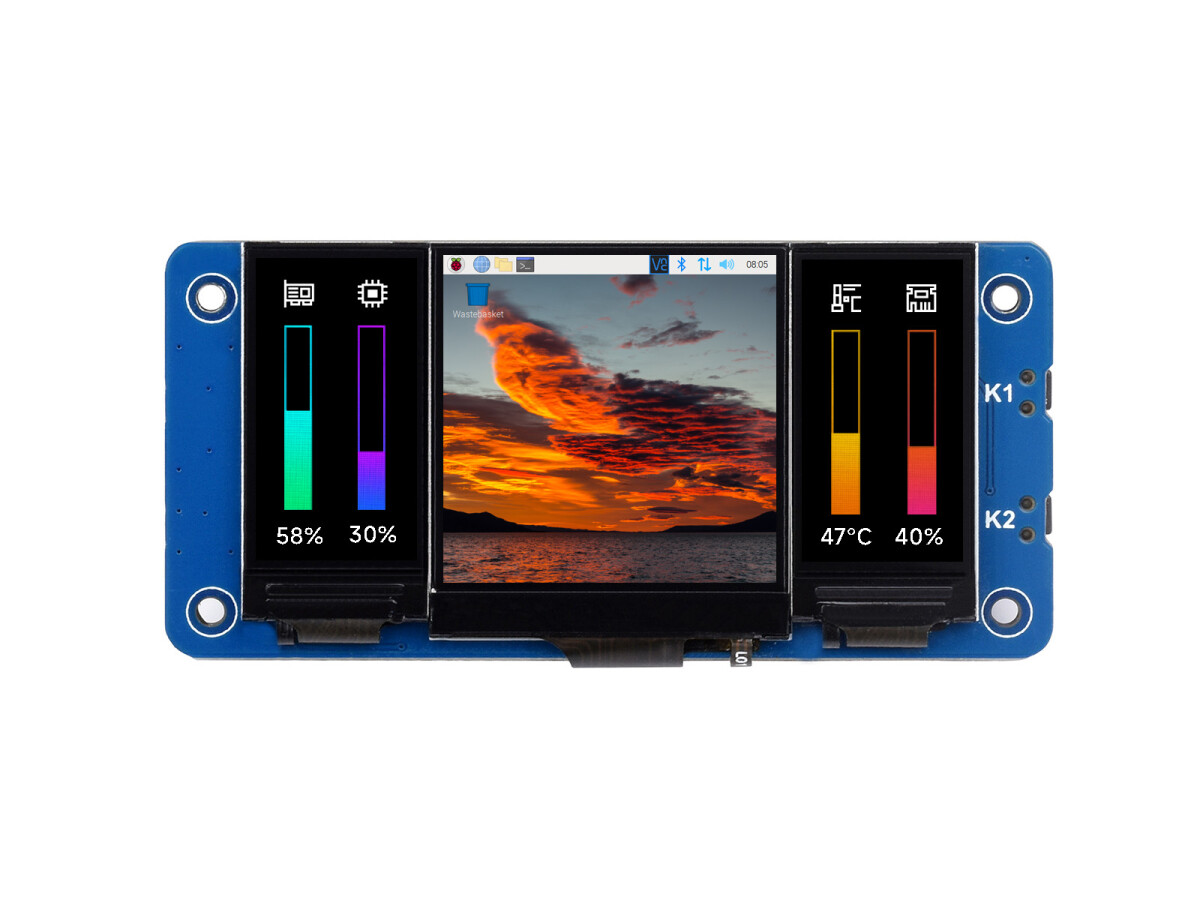 WaveShare Triple LCD HAT til Raspberry Pi, 1.3tommers IPS LCD + Dual 0.96tommers IPS LCD