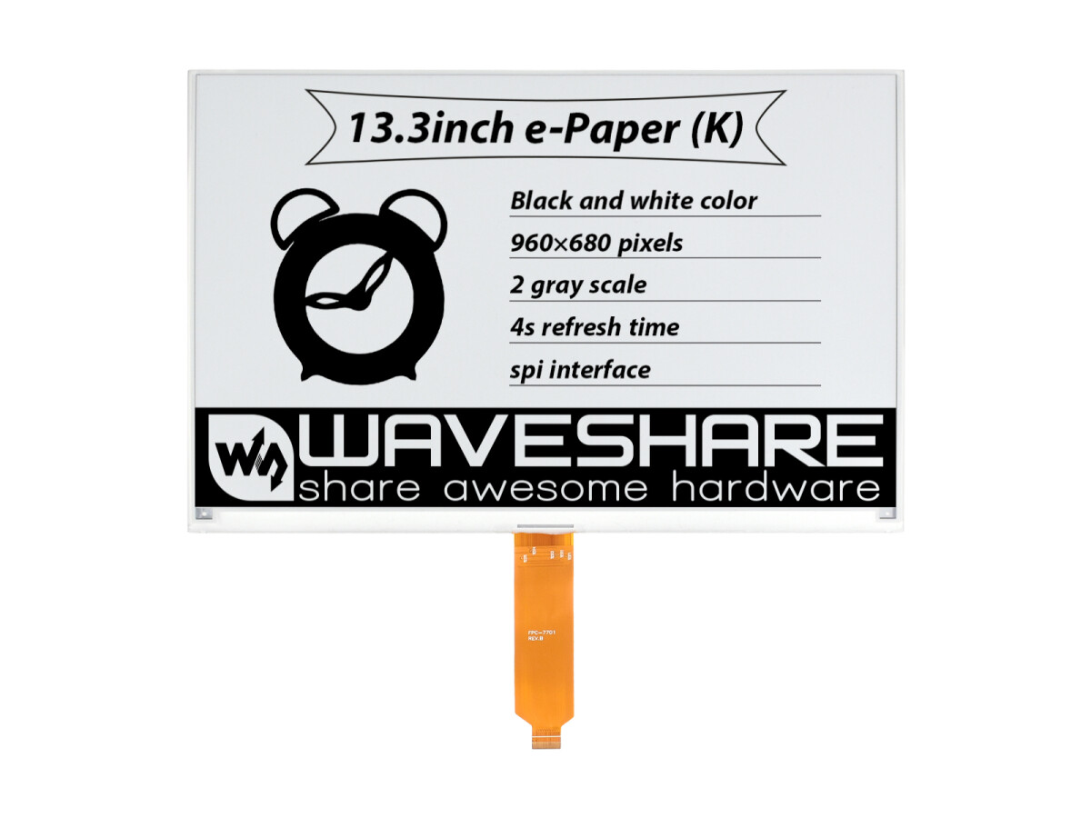 WaveShare 13,3 Zoll E-Ink Rohdisplay 960x680 SPI-interface uden PCB