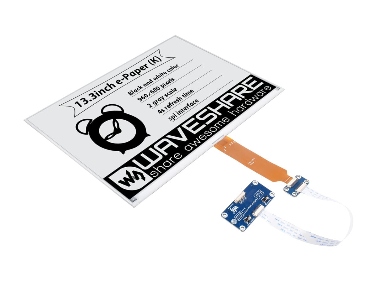 WaveShare 13,3 Zoll E-Ink display HAT (K) til Raspberry Pi med 960x680 opløsning og SPI interface