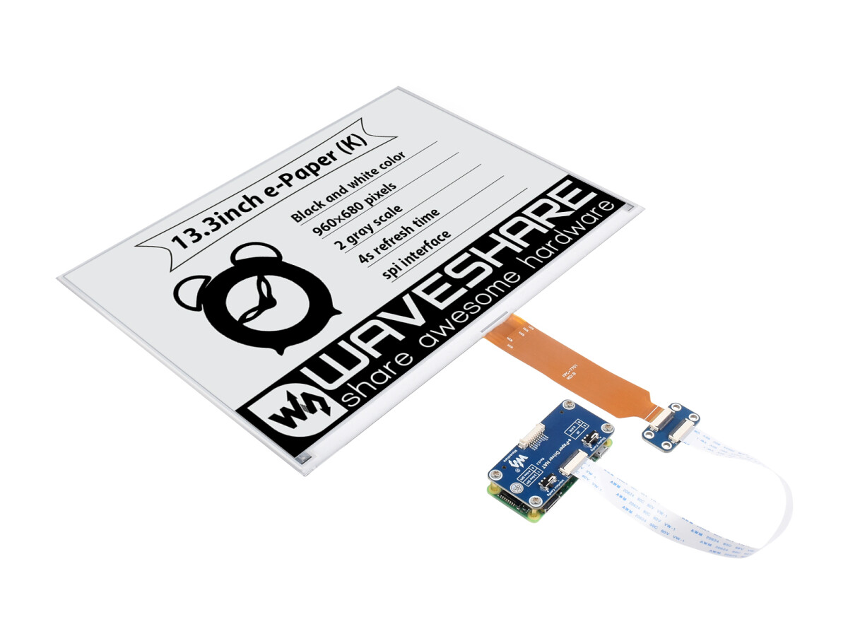 WaveShare 13,3 Zoll E-Ink display HAT (K) til Raspberry Pi med 960x680 opløsning og SPI interface