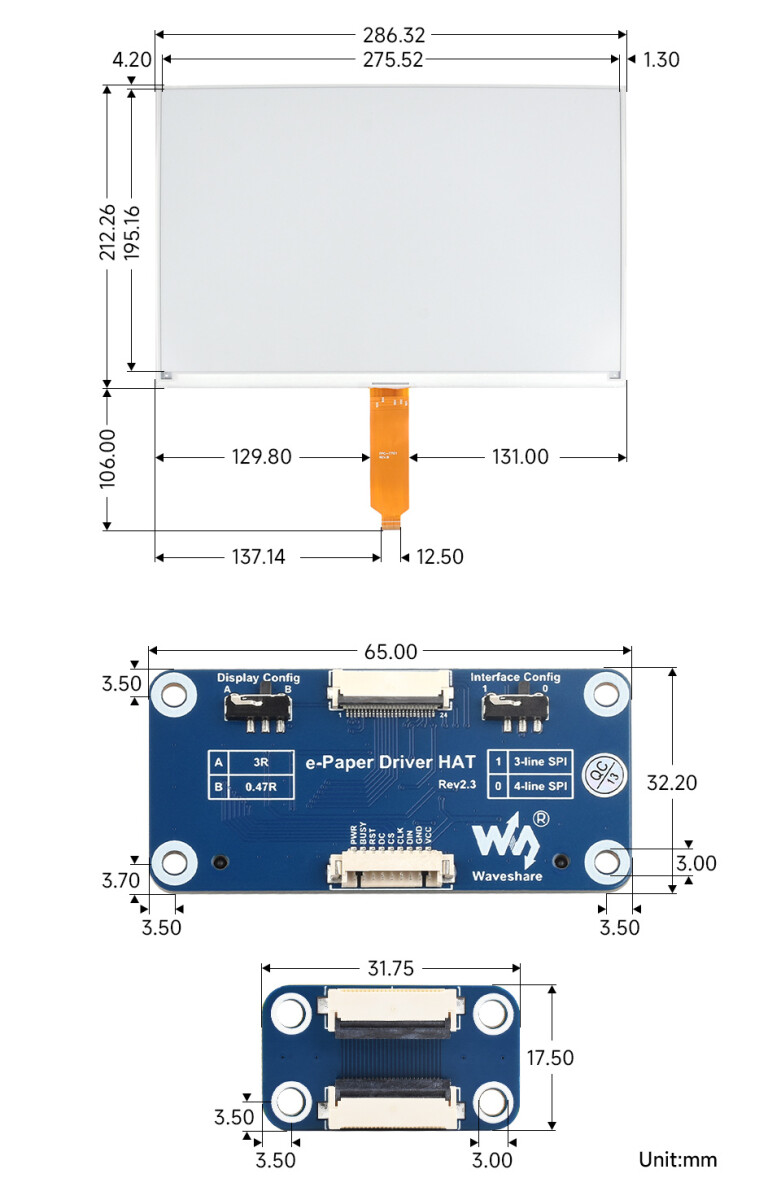 WaveShare 13,3 Zoll E-Ink display HAT (K) til Raspberry Pi med 960x680 opløsning og SPI interface