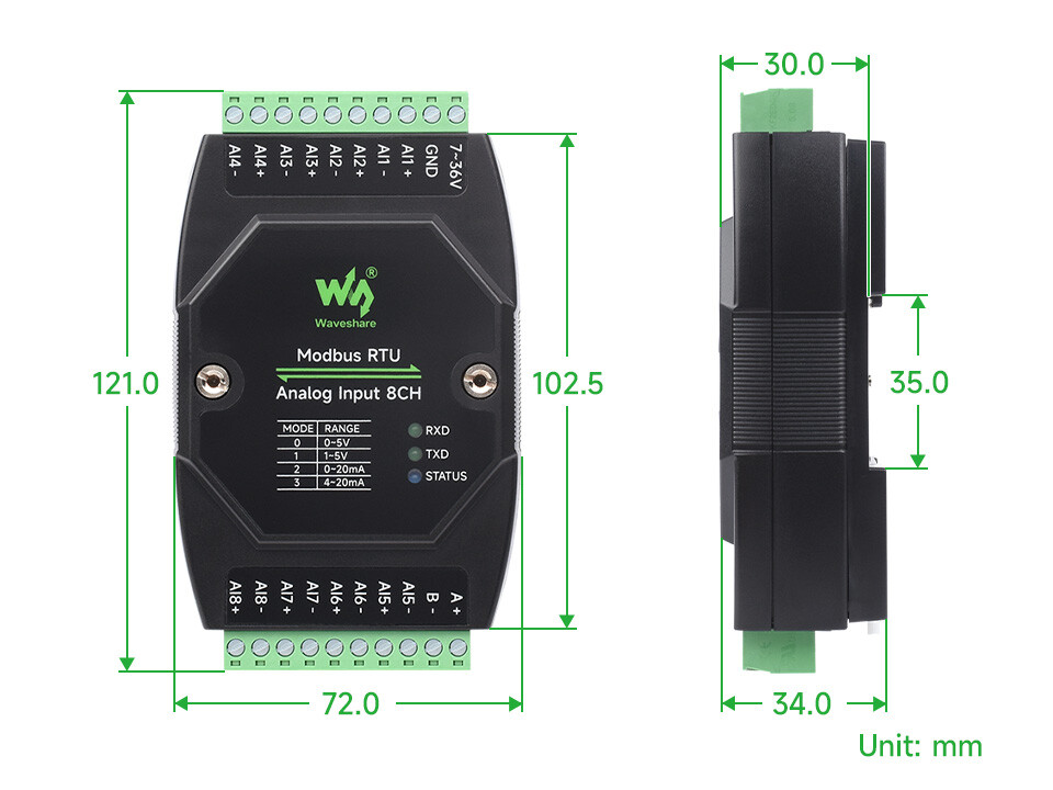 WaveShare Industrial 8CH Analoge Akquisition Modul, Standard-Spannungsmodus (0~10V)