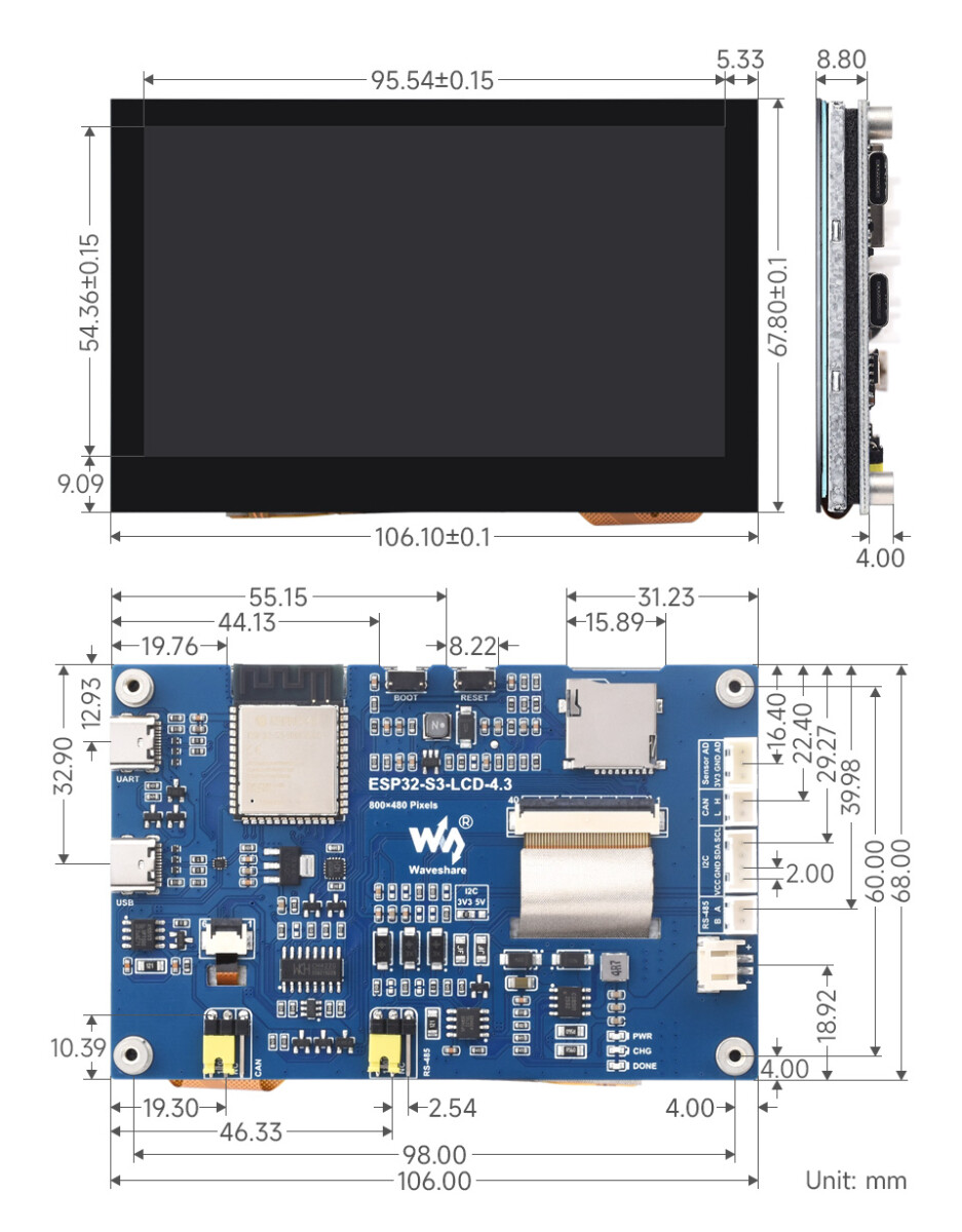 WaveShare ESP32-S3 4,3 Zoll Kapazitiver Touch Display Entwicklungskort 800x480