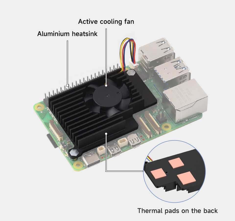 WaveShare Aktiv køler til Raspberry Pi 5, aluminiumskøler med termiske pads