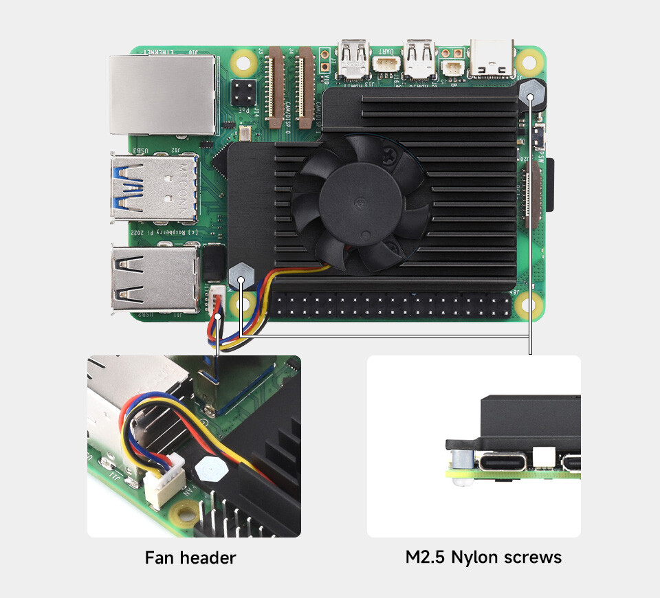 WaveShare Aktiv køler til Raspberry Pi 5, aluminiumskøler med termiske pads