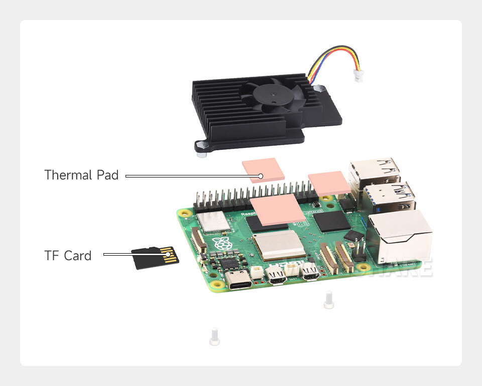 WaveShare Aktiv køler til Raspberry Pi 5, aluminiumskøler med termiske pads