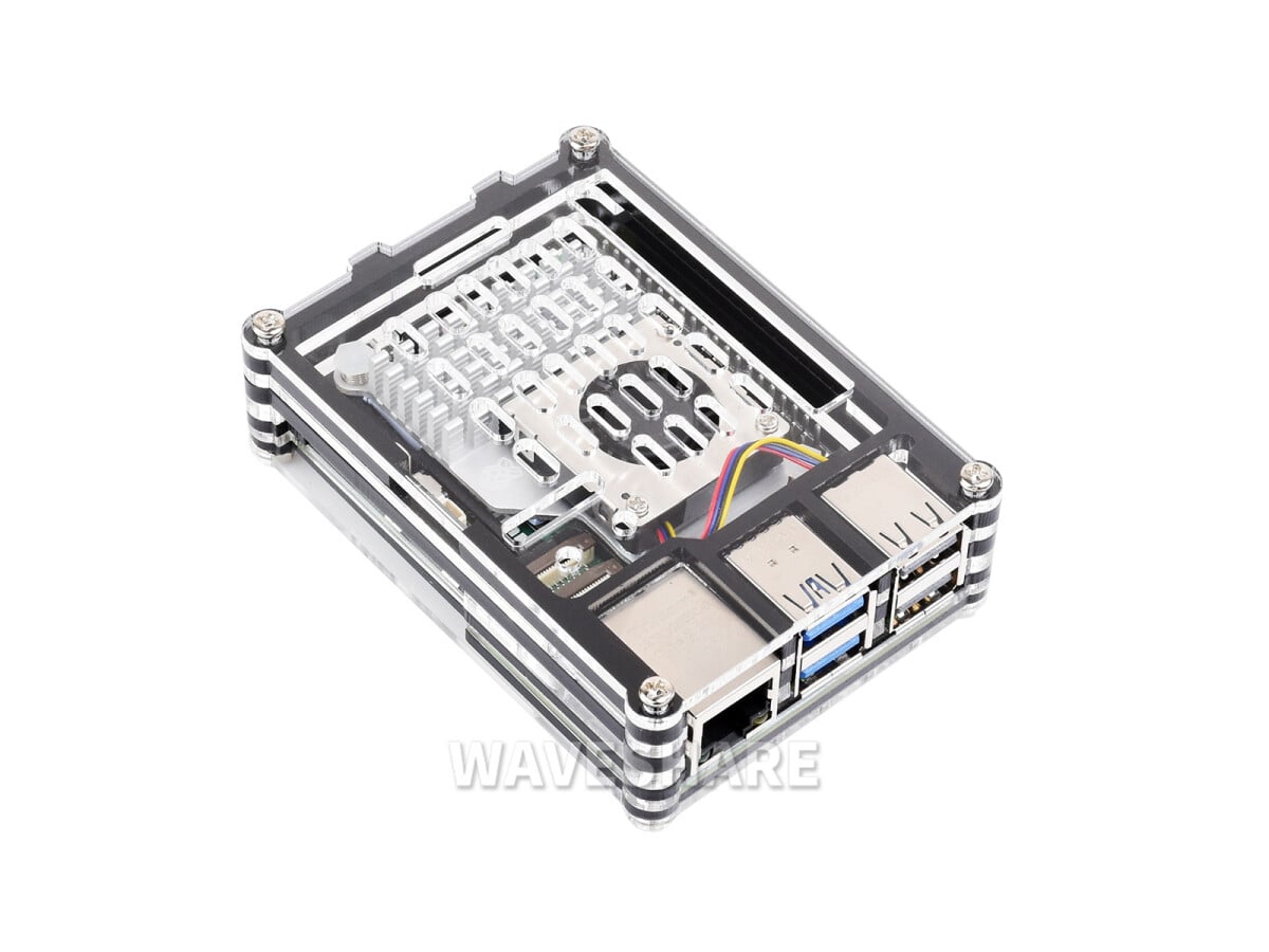 WaveShare Transparent og sort akrylæske til Raspberry Pi 5 Understøtter officiel aktiv køler