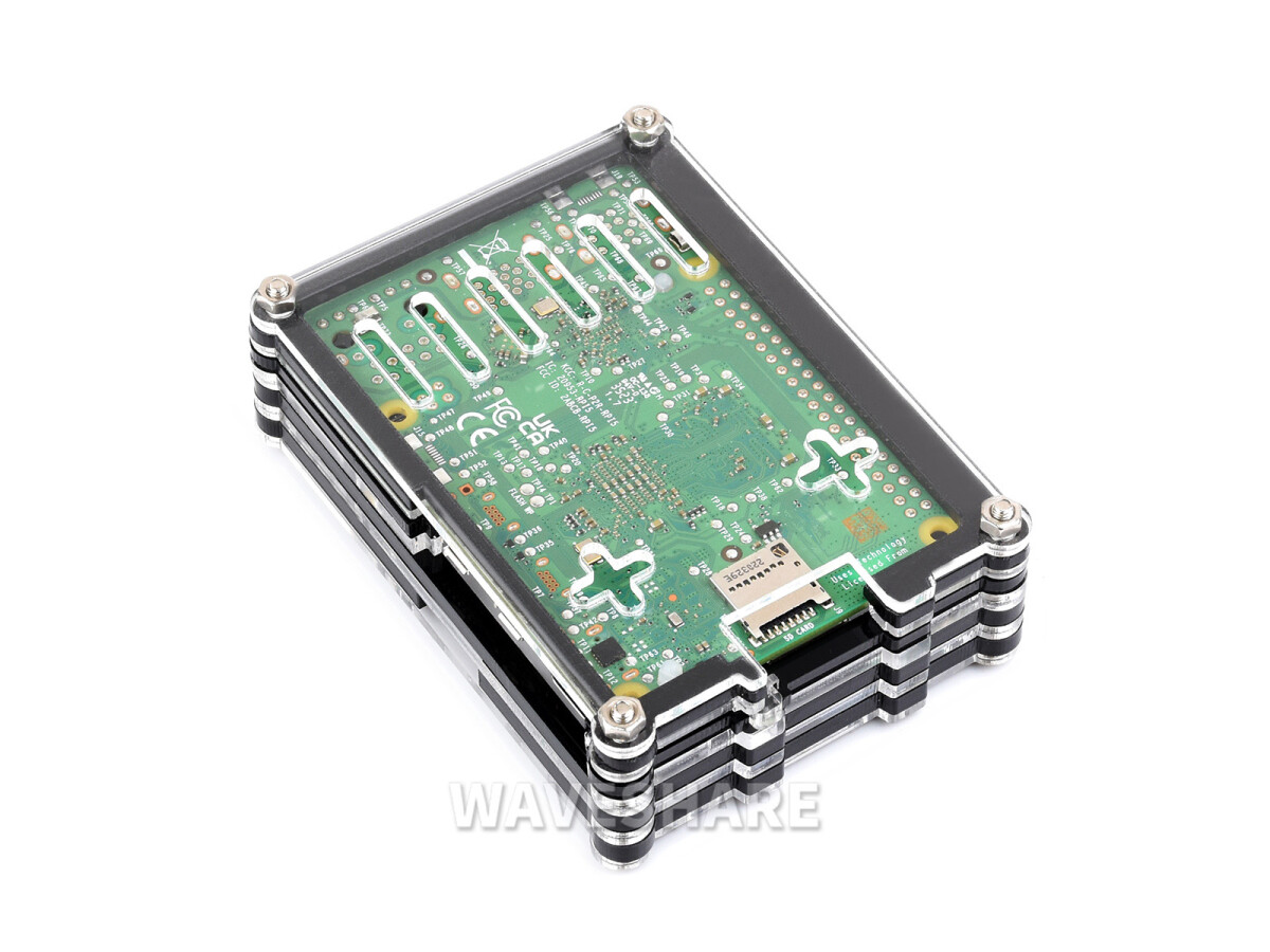 WaveShare Transparent og sort akrylæske til Raspberry Pi 5 Understøtter officiel aktiv køler
