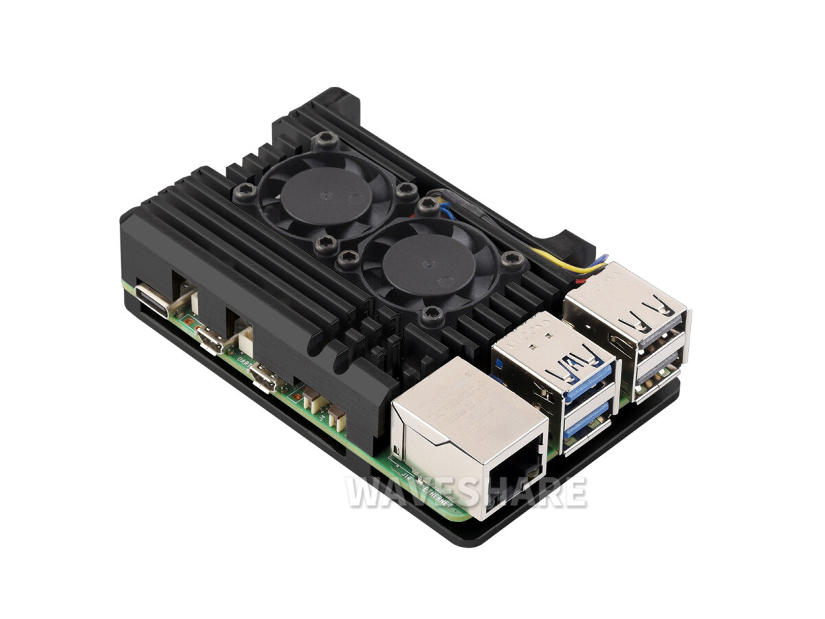 WaveShare Aluminiet kasse i zinklegering til Raspberry Pi 5 med to køleblæsere