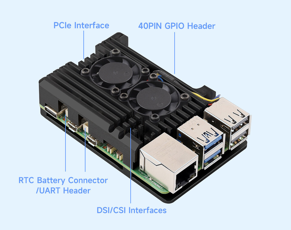WaveShare Aluminiet kasse i zinklegering til Raspberry Pi 5 med to køleblæsere
