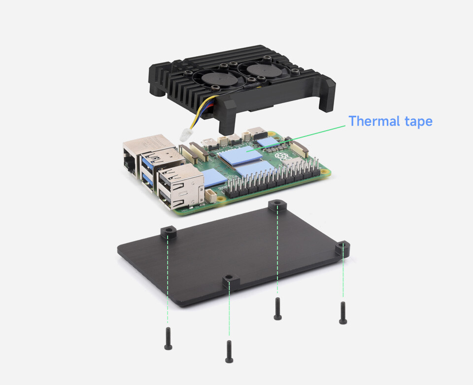 WaveShare Aluminiet kasse i zinklegering til Raspberry Pi 5 med to køleblæsere