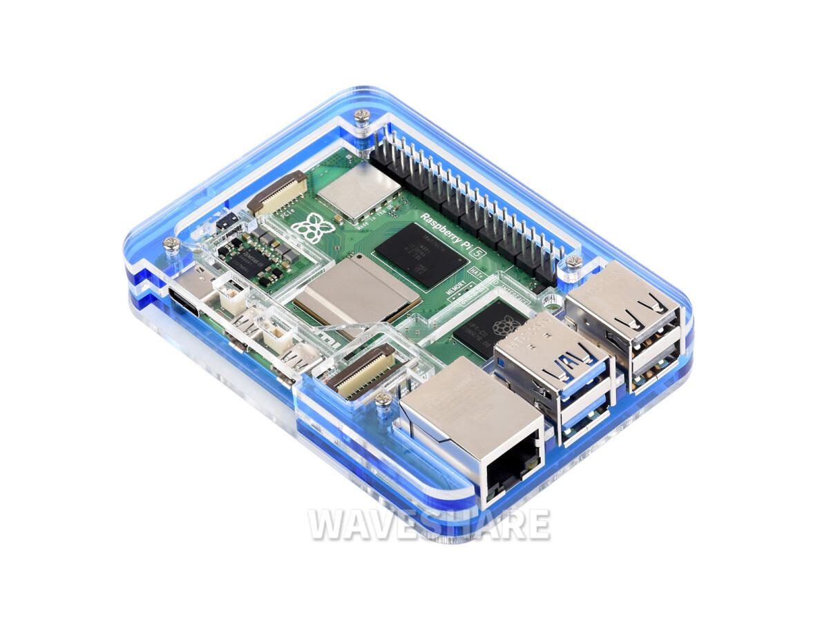 WaveShare Transparent Blå Akrylæske til Raspberry Pi 5 Understøtter Officiel Aktiv Køler