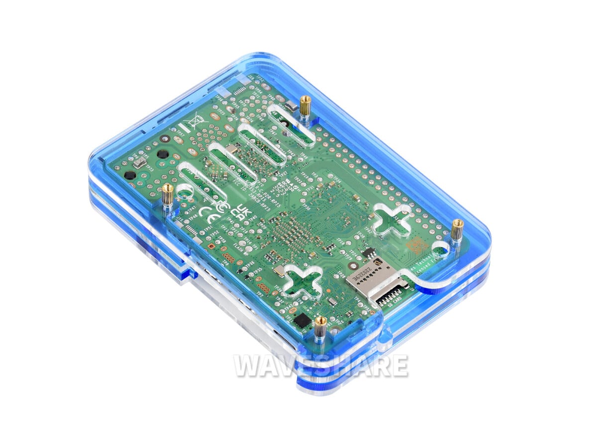 WaveShare Transparent Blå Akrylæske til Raspberry Pi 5 Understøtter Officiel Aktiv Køler
