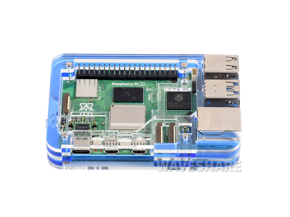 WaveShare Transparent Blå Akrylæske til Raspberry Pi 5 Understøtter Officiel Aktiv Køler