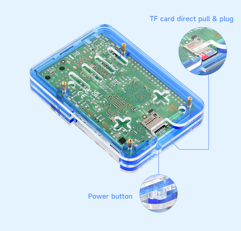 WaveShare Transparent Blå Akrylæske til Raspberry Pi 5 Understøtter Officiel Aktiv Køler