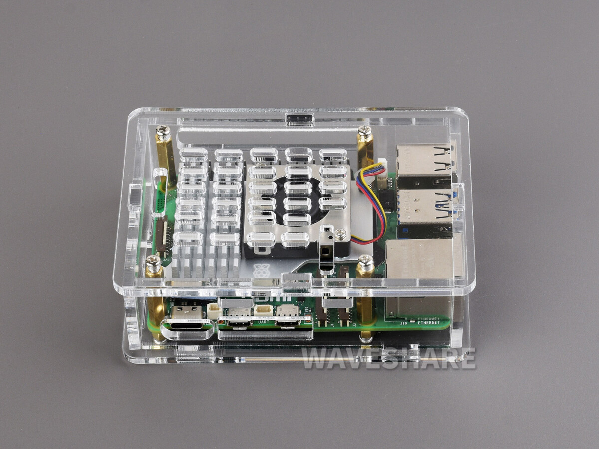WaveShare Transparent Akrylæske til Raspberry Pi 5 Understøtter Officiel Aktiv Køler