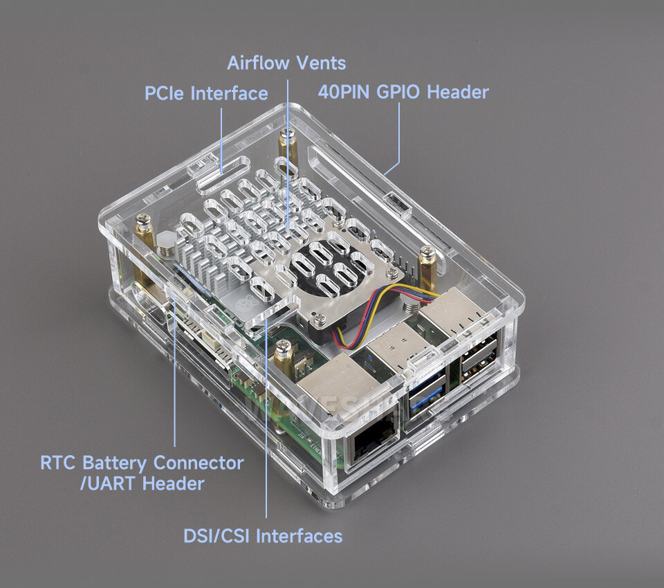 WaveShare Transparent Akrylæske til Raspberry Pi 5 Understøtter Officiel Aktiv Køler