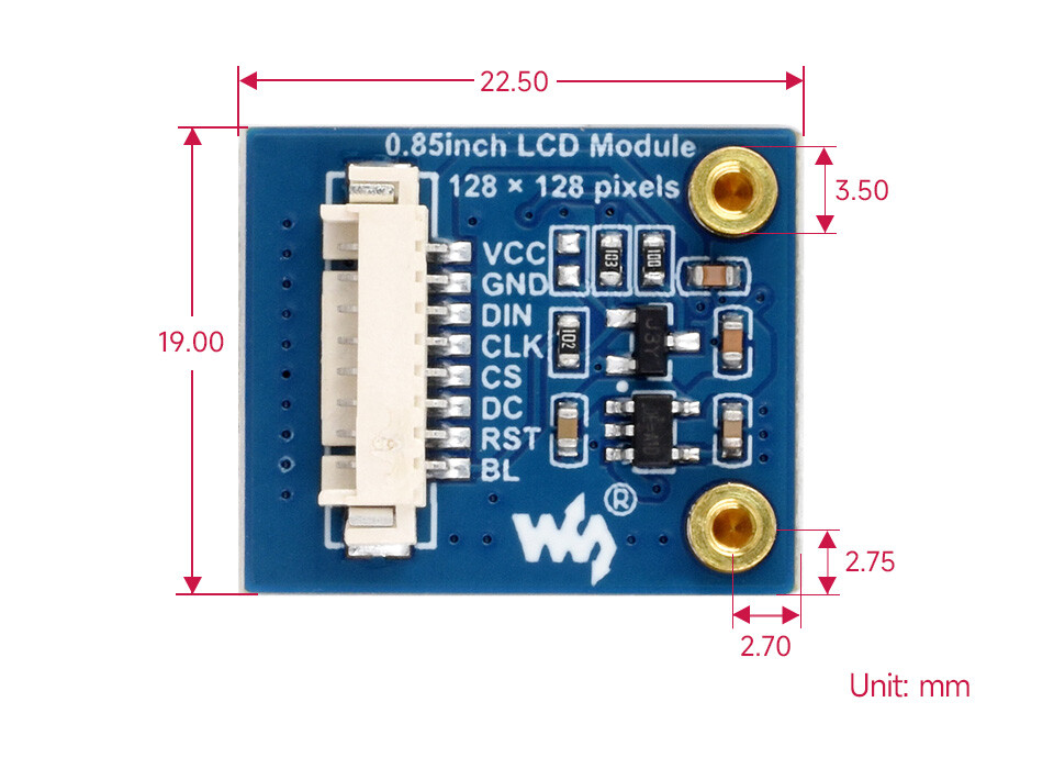 WaveShare 0,85 Zoll LCD-displaymodul med 128x128 IPS-panel og SPI-interface