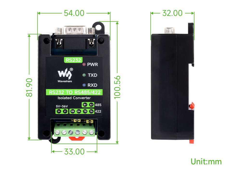 WaveShare RS232 To RS485/422 Aktiv digital isoleret converter RS232 hanport