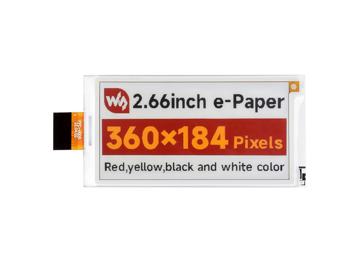 WaveShare 2,66 Zoll E-Paper (G) rå display 360x184 SPI Rød/Gul/Sort/Hvid