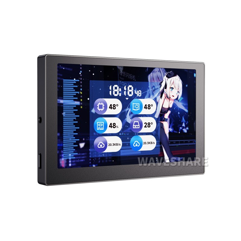 WaveShare 5" USB-monitor med 800x480 IPS-panel, sort, PC-kabinet, sekundær skærm, desktop, RGB ambient screen