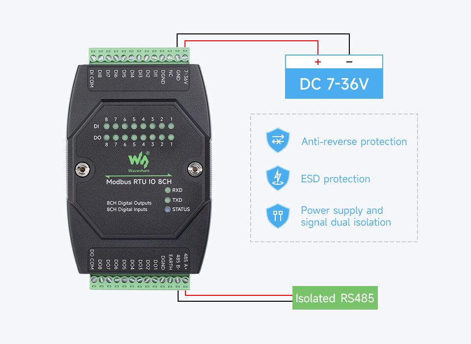WaveShare Industrial 8CH Digital Input Output Modul DC 7~36V Modbus RTU Protokol