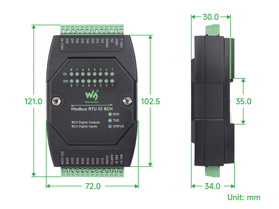 WaveShare Industrial 8CH Digital Input Output Modul DC 7~36V Modbus RTU Protokol